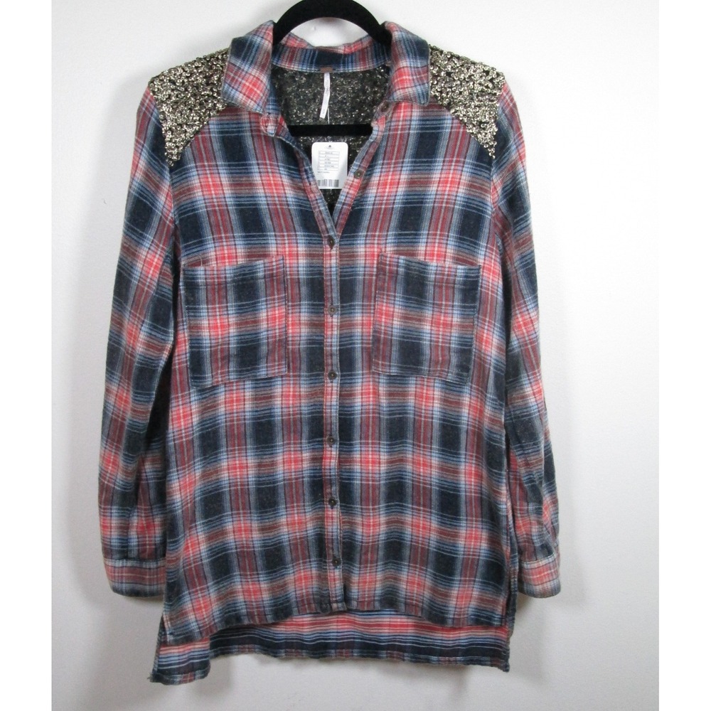 Free People‎ Shirt Small Navy Plaid Sequin Embellished Long Sleeve - Picture 3 of 11